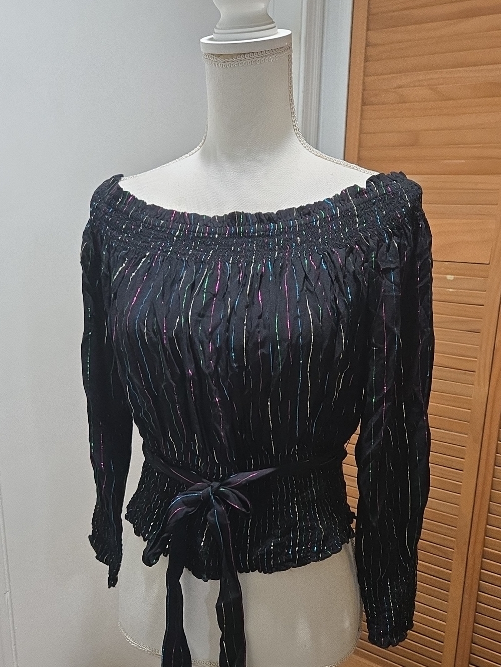Express Black Off-Shoulder Top with Iridescent Stripe Accents